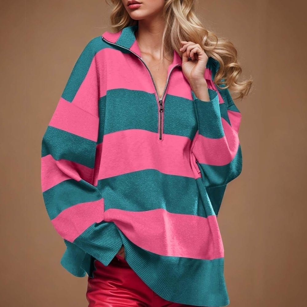 Women's Pink and Teal Striped Quarter Zip Sweater - Picture 3 of 3